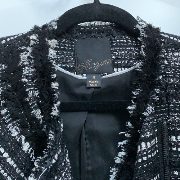 Mcginn Black White Tweed Boucle Metallic Moto Crop Fray Raw Edge Blazer Jacket - Picture 4 of 16